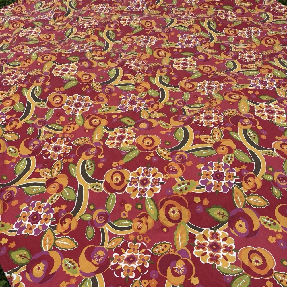 Pottery‎ Barn King Duvet Cover Two Shams Red Floral Retro Mod Cotton Reversible